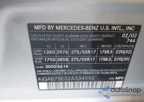 2002 Mercedes-Benz Ml 500 from USA, damaged, VIN 4JGAB75E32A334592
